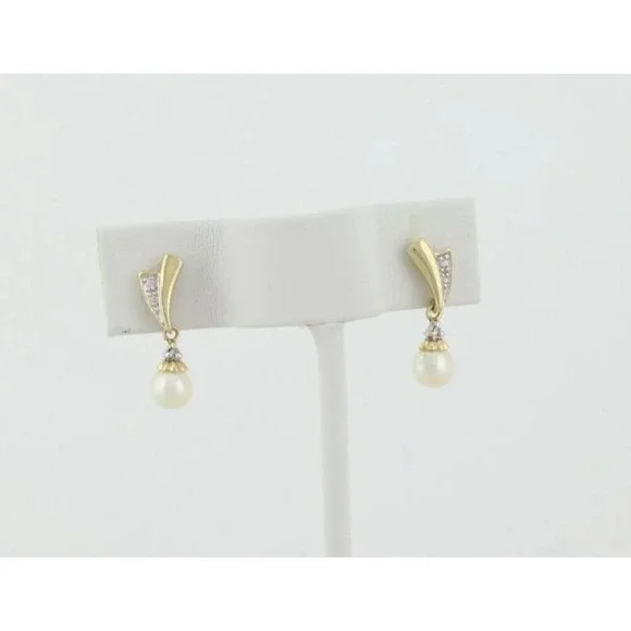 10k Yellow Gold Freshwater Pearl Earrings Dangle Drop - Picture 7 of 9